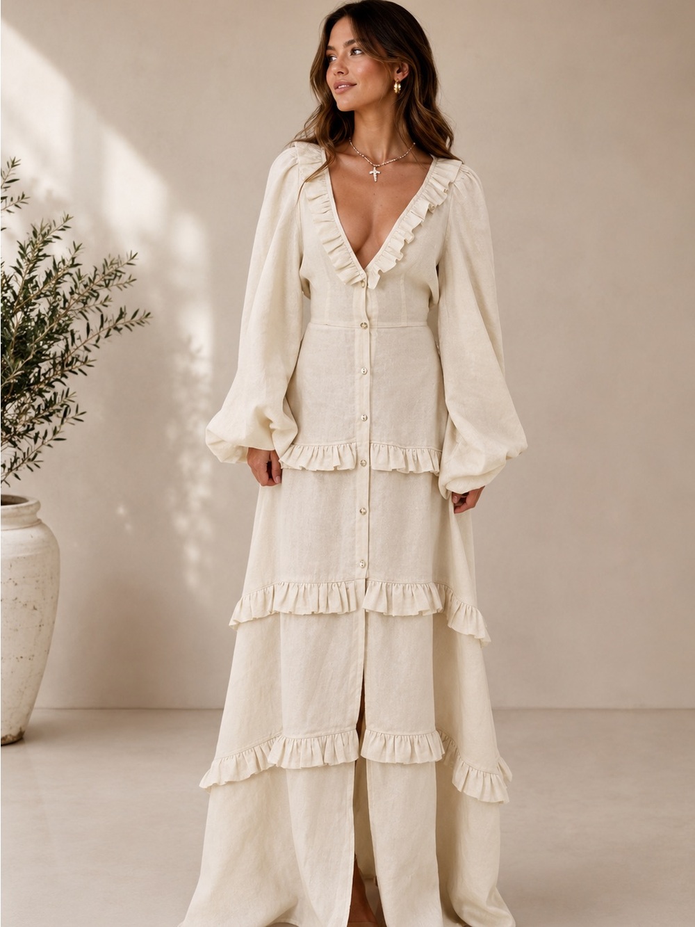 COMMENSE Cotton & Linen Semi-Sheer Ruffle Trim Long Dress